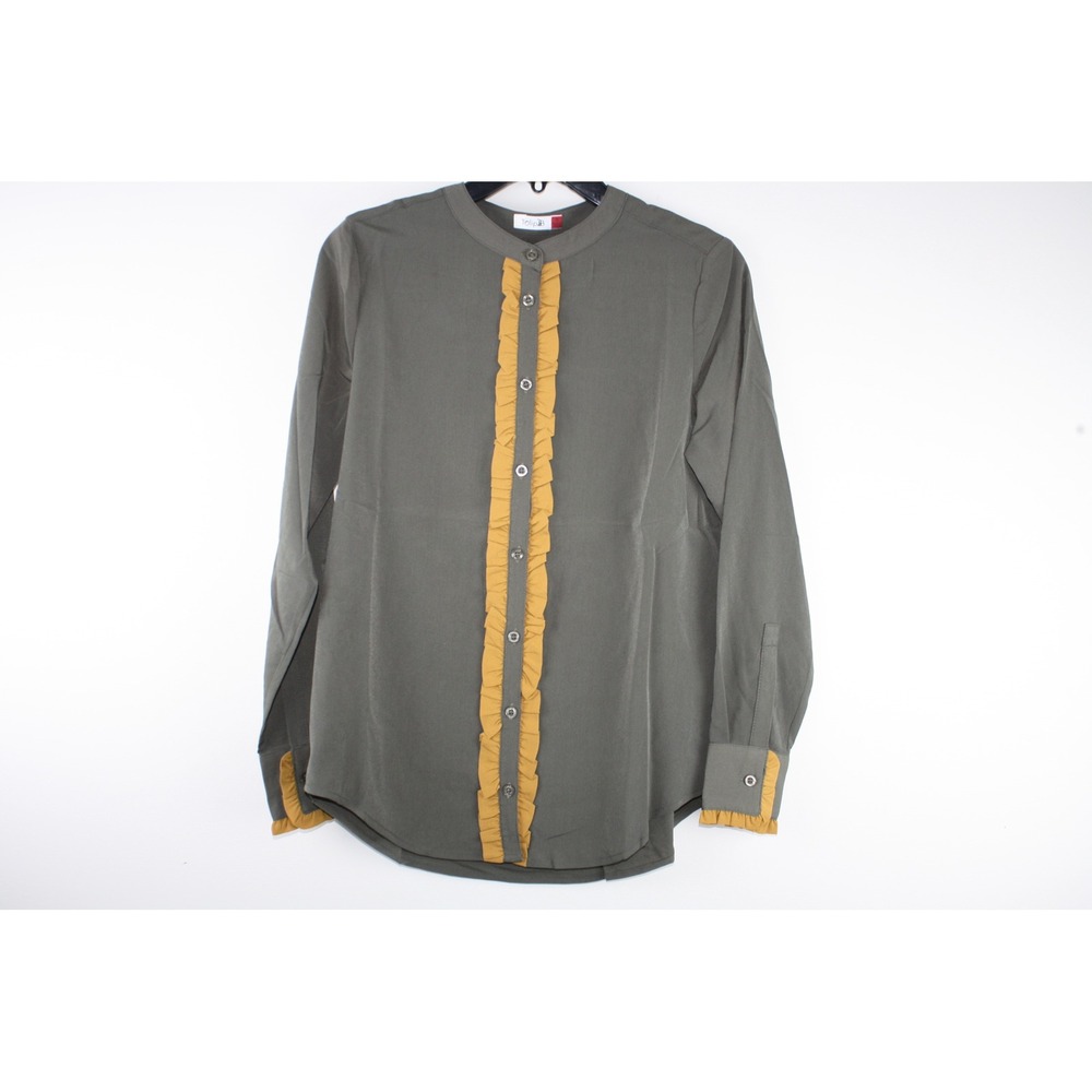 Tulip B Women Olive Green Ruffle Trim Button Down Blouse Mustard Yellow Small